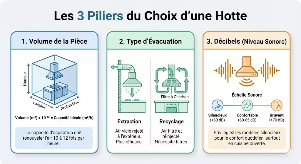 les 3 piliers du choix d'une hotte : Volume de la pièce, Type d'évacuation, Décibels