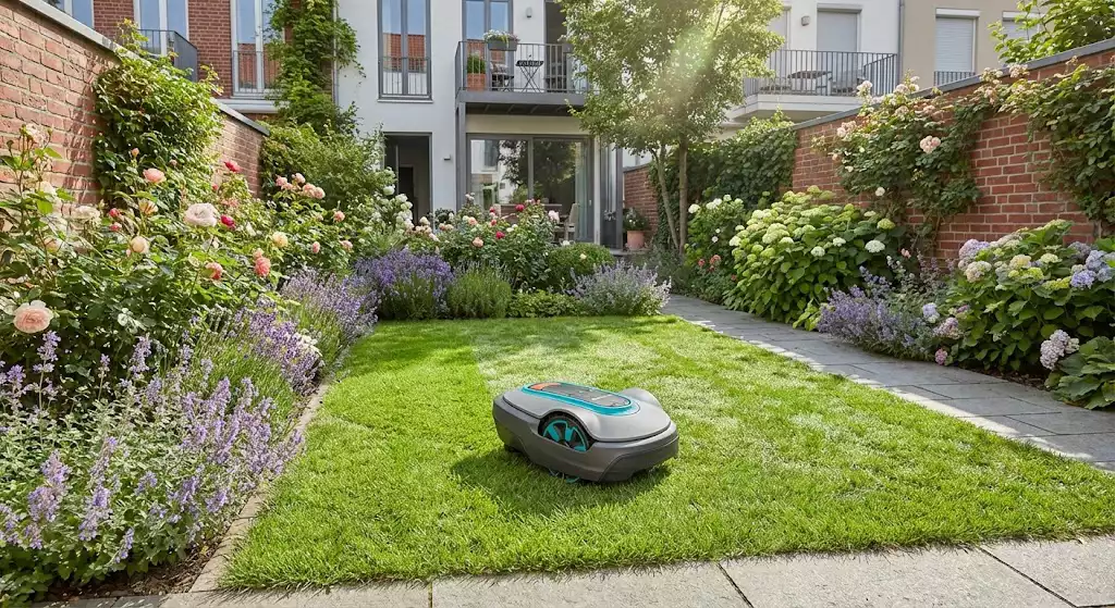 Un robot Gardena Sileno City en action dans un petit jardin urbain avec des massifs de fleurs