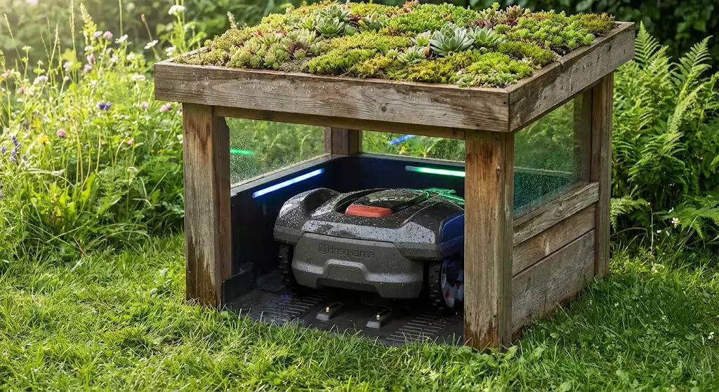 Gros plan sur un robot tondeuse en train de se recharger dans sa station d'accueil abritée