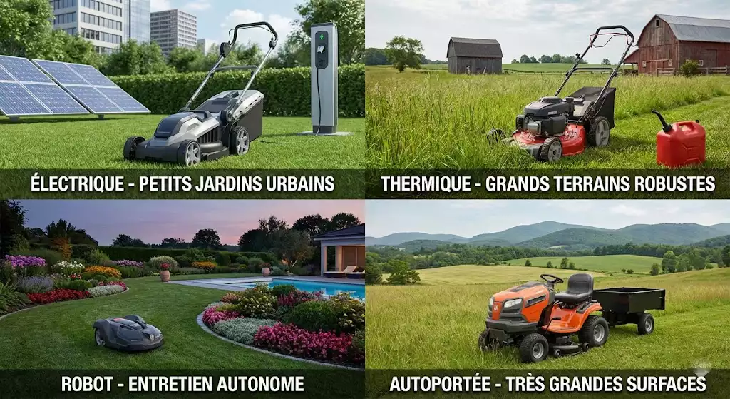 Visuel divisé en 4 montrant une tondeuse électrique, une thermique, un robot et une autoportée sur leurs terrains de prédilection respectifs