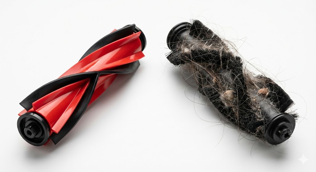 Brosse caoutchouc Xiaomi propre à côté d'une brosse poils Lefant emmêlée de cheveux