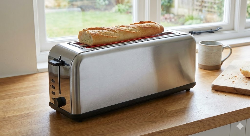 grille-pain long en inox brossé posé sur un plan de travail en bois clair dans une cuisine lumineuse. Une grande demi-baguette est insérée sur toute la longueur de la fente unique, et les éléments chauffants à l'intérieur brillent d'une lumière rouge orangée.