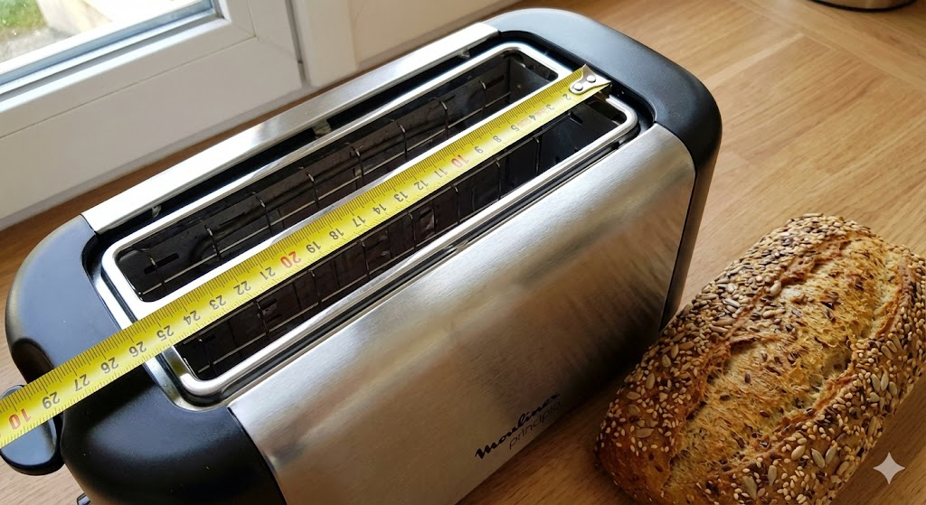 Moulinex Principio avec un mètre ruban montrant les 25 cm de longueur, pain artisanal aux céréales visible à côté