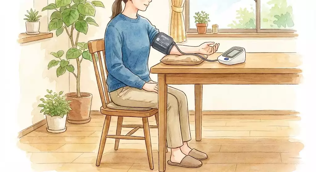 Illustration montrant une personne assise correctement, pieds à plat, avec le bras posé sur une table à hauteur du cœur