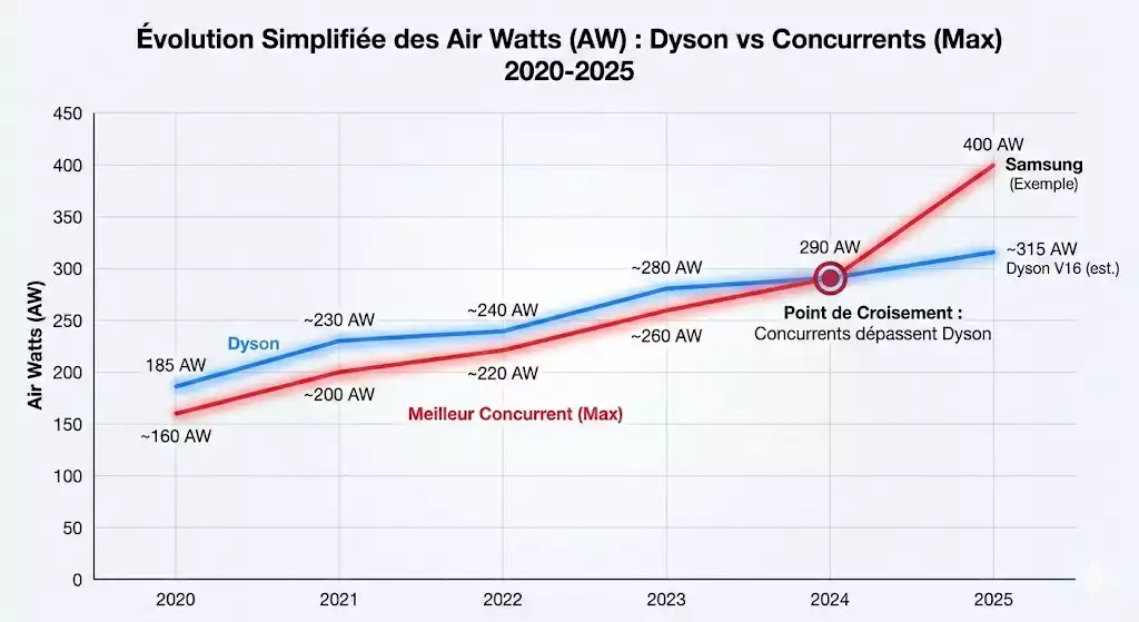 courbe d'évolution des Air Watts (AW) entre Dyson et ses concurrents de 2020 à 2025, montrant le croisement des courbes
