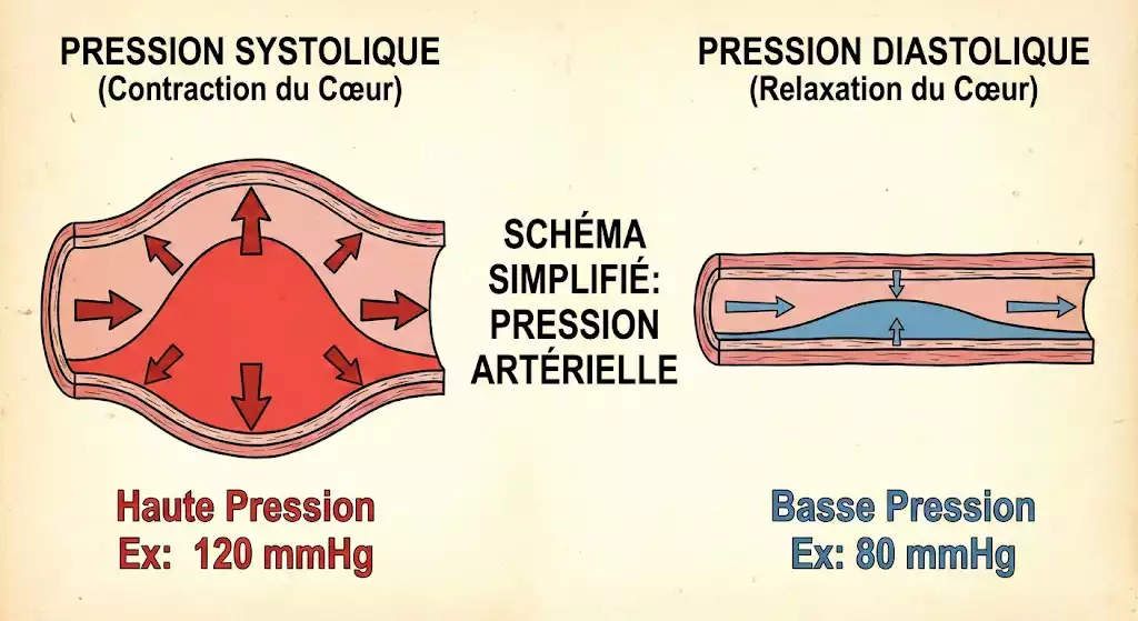 Schéma simplifié montrant la différence entre pression systolique et diastolique sur une artère