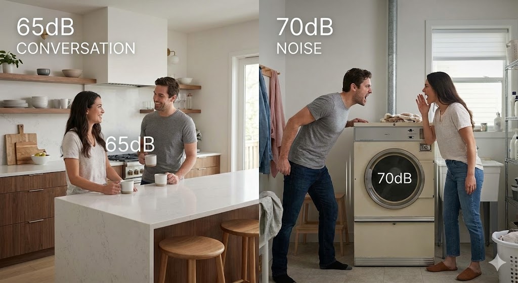 Infographie comparant 65dB conversation et sèche-linge dans une cuisine ouverte moderne