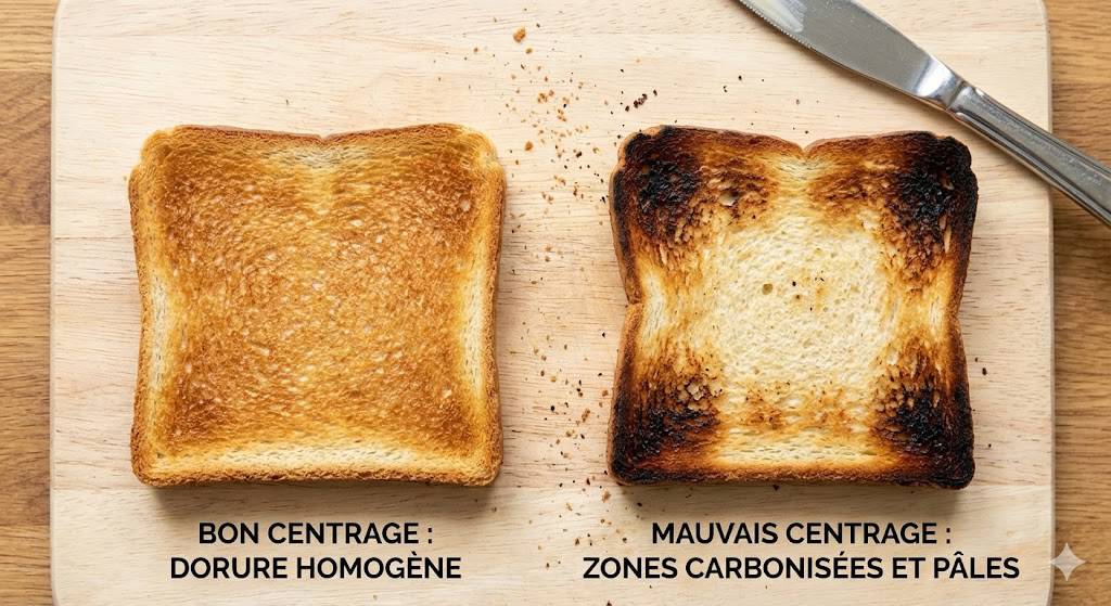 Comparaison visuelle de deux tranches de pain grillé — l'une avec dorure homogène, l'autre avec zones carbonisées sur les bords et centre pâle, illustrant l'effet d'un mauvais centrage