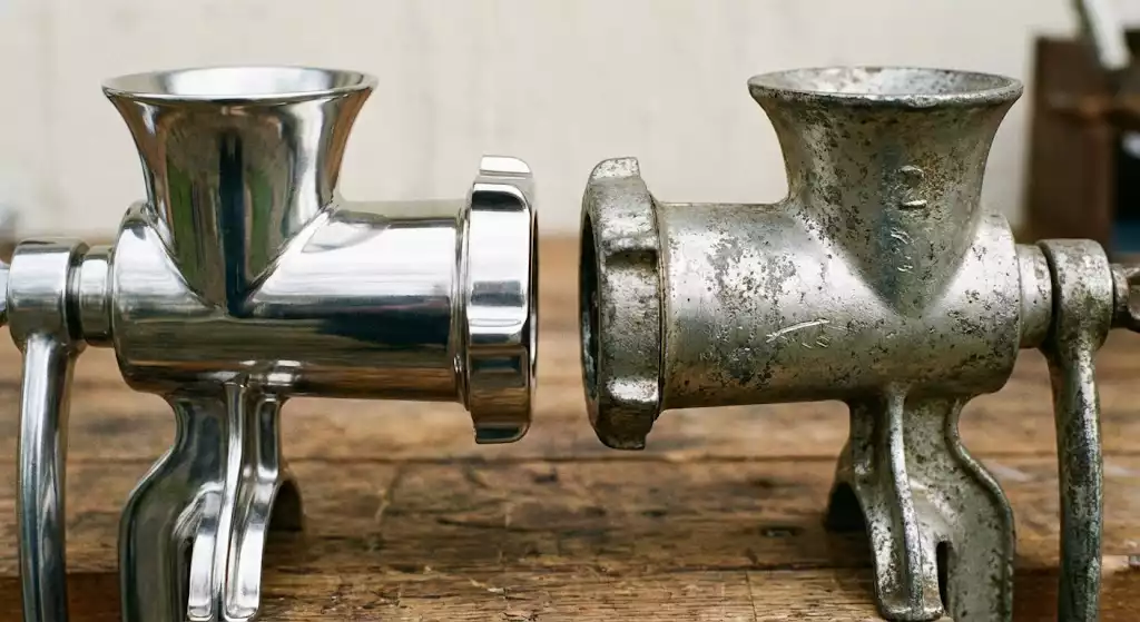 hachoir en inox brillant comparé à un corps en aluminium terni