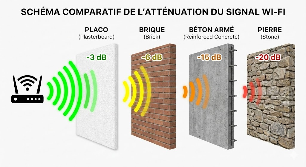 Schéma comparatif de l'atténuation du signal Wi-Fi selon le type de mur : placo (-3 dB), brique (-6 dB), béton armé (-15 dB) et pierre (-20 dB)