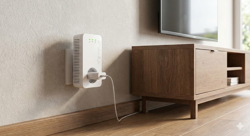 Le Devolo WiFi 6 Repeater 5400 branché sur une prise murale, montrant son format compact et la prise gigogne qui libère l'espace pour un second appareil