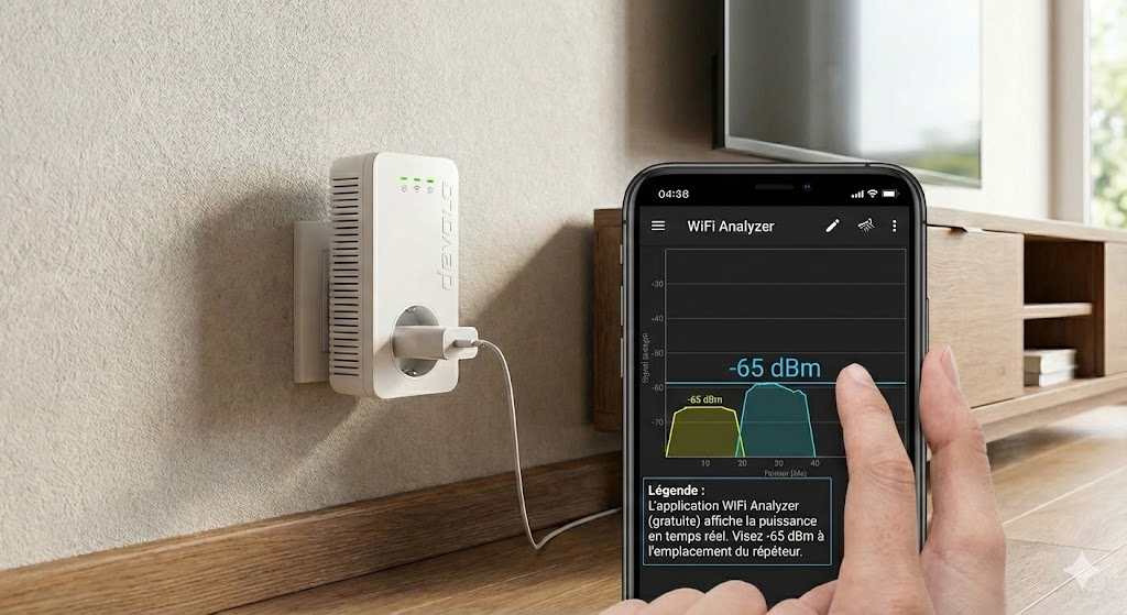 Capture d'écran de l'application WiFi Analyzer affichant une courbe de puissance du signal avec le seuil critique de -67 dBm mis en évidence