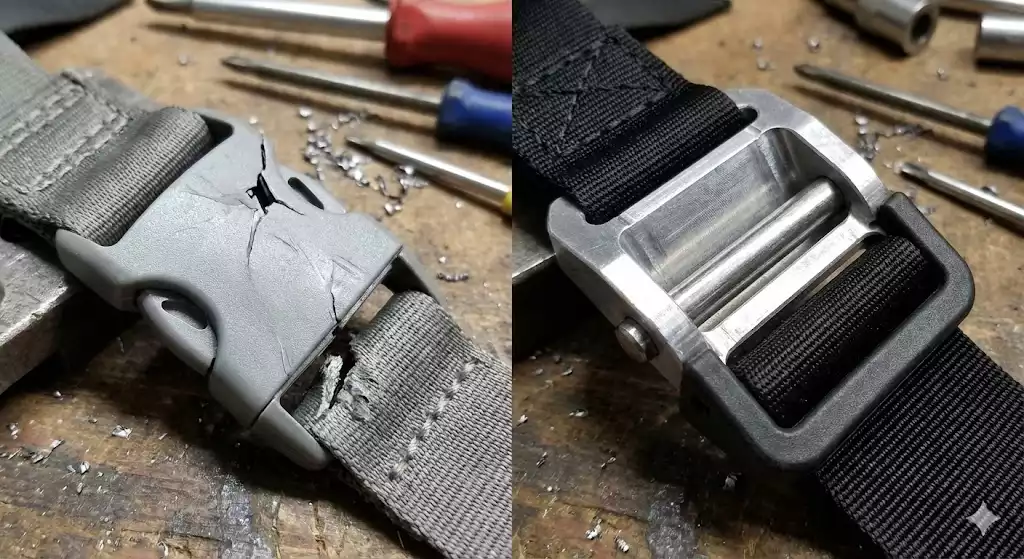Photo comparative en gros plan : une boucle de sangle en plastique gris sévèrement cassée et fissurée (gauche) face à un système d'attache robuste en métal et plastique épais sur une sangle noire (droite), posés sur un établi d'atelier.