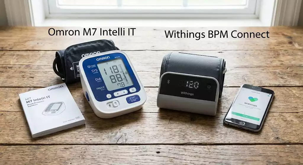 comparative mettant côte à côte l'Omron M7 et le Withings BPM Connect sur une table