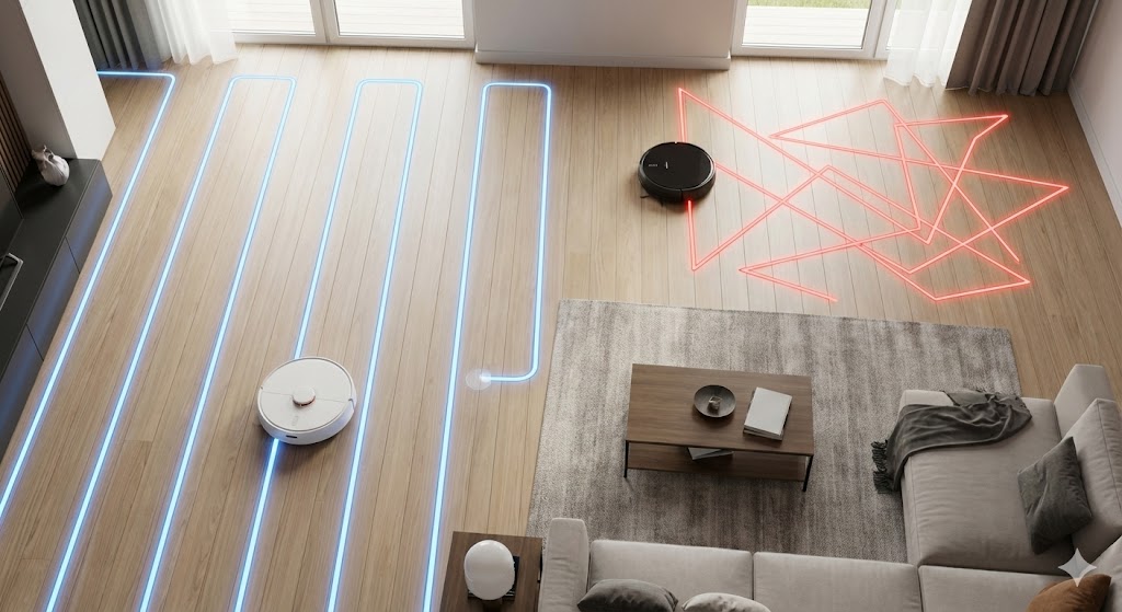 Robot aspirateur Xiaomi traçant des lignes droites à côté d'un Lefant qui tourne au hasard