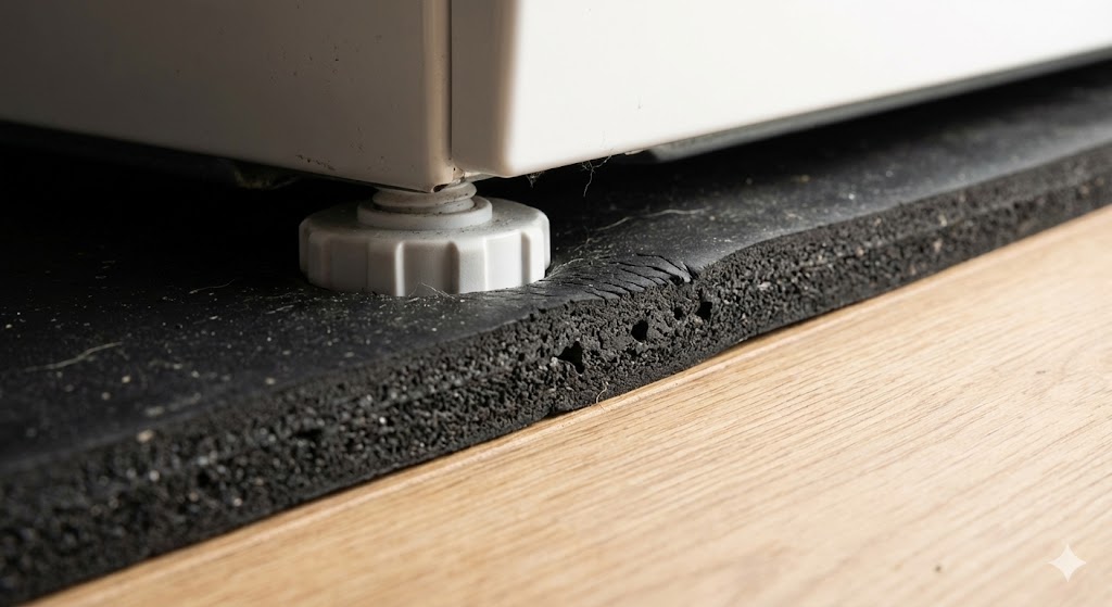 Gros plan tapis caoutchouc noir haute densité sous pieds sèche-linge Bosch