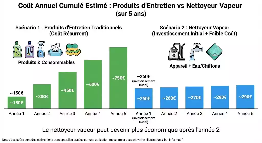 Infographie sous forme de graphique à barres empilées comparant le coût financier cumulé estimé sur 5 ans entre l'utilisation de produits d'entretien chimiques récurrents et l'achat unique d'un nettoyeur vapeur, illustrant le point de bascule potentiel où l'appareil devient plus économique