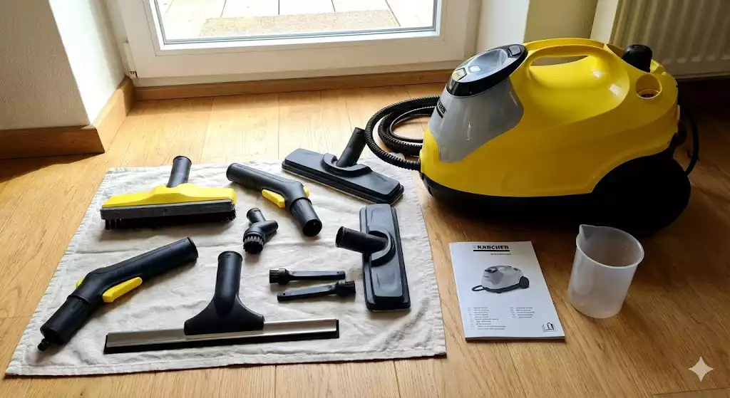 Photographie en plongée d'un nettoyeur vapeur traîneau jaune et noir de marque Kärcher posé sur un parquet en bois. Tous les accessoires fournis sont soigneusement étalés sur une serviette blanche devant l'appareil : une grande brosse pour sol avec bonnette, une raclette pour vitres, une buse à main, des tubes d'extension, des petites brosses rondes, le manuel d'utilisation et un gobelet doseur