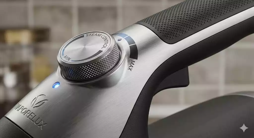 hotographie macro de la poignée en métal brossé et grip texturé d'un nettoyeur vapeur haut de gamme (marque Vaporelux visible), centrée sur la molette de réglage rotative "STEAM CONTROL" graduée de MIN à MAX avec un témoin lumineux bleu activé.