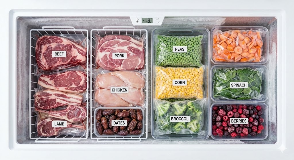 Intérieur d'un congélateur coffre rempli de viande - organisation optimale par zones