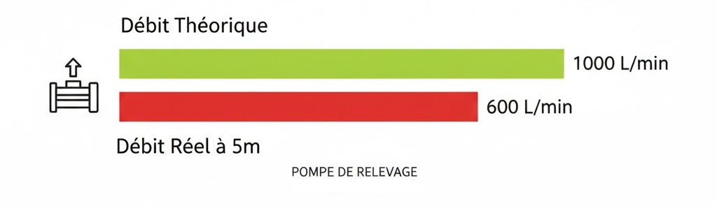 Graphique montrant la chute brutale du débit d'une pompe de relevage en fonction de la hauteur de refoulement