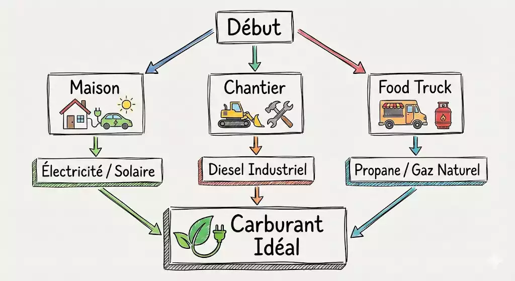 Schéma décisionnel montrant trois chemins (maison, chantier, food truck) menant au carburant idéal