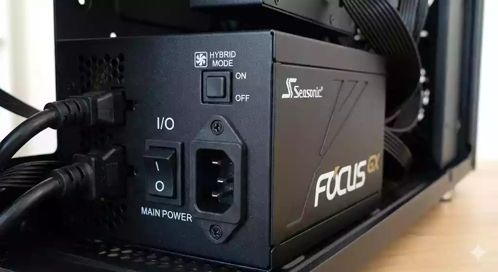 Vue arrière alimentation Seasonic Focus GX avec interrupteur mode hybride