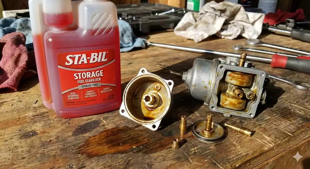 Vue sur un établi d'atelier montrant un carburateur de petit moteur démonté avec la cuve et les gicleurs couverts de dépôts brunâtres d'essence vieillie, posé à côté d'un bidon rouge de stabilisateur d'essence de marque STA-BIL