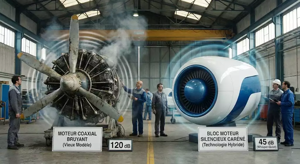 moteur coaxial bruyant et un bloc moteur silencieux caréné
