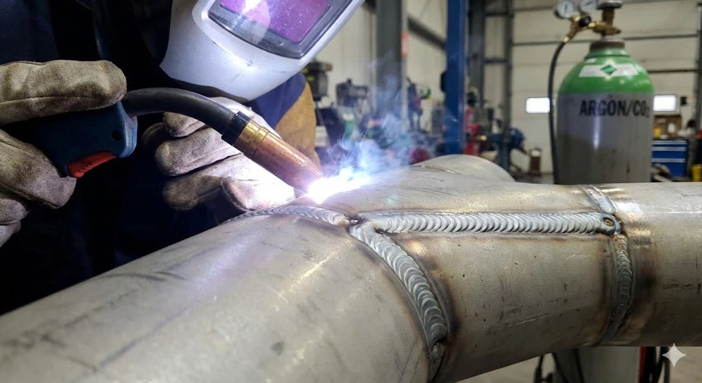 Cordon de soudure MIG propre réalisé sur un tube acier en atelier