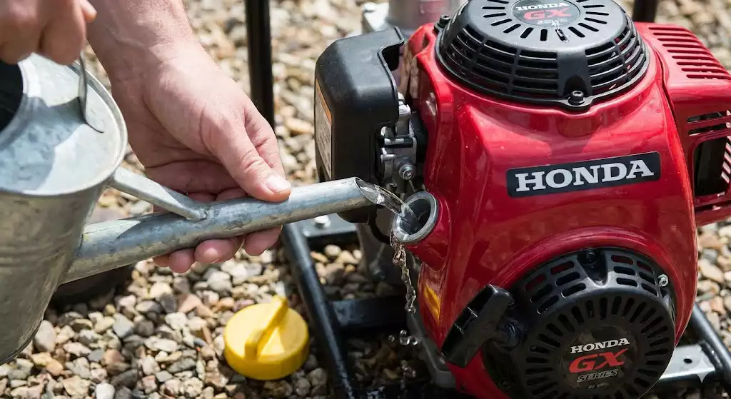 Vue en gros plan des mains d'une personne utilisant un arrosoir en métal pour verser de l'eau dans l'orifice d'amorçage ouvert d'une motopompe thermique rouge Honda GX posée sur des graviers