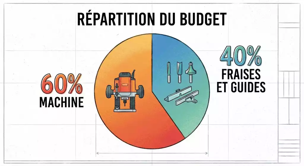 Graphique montrant la répartition du budget : 60% machine, 40% fraises et guides