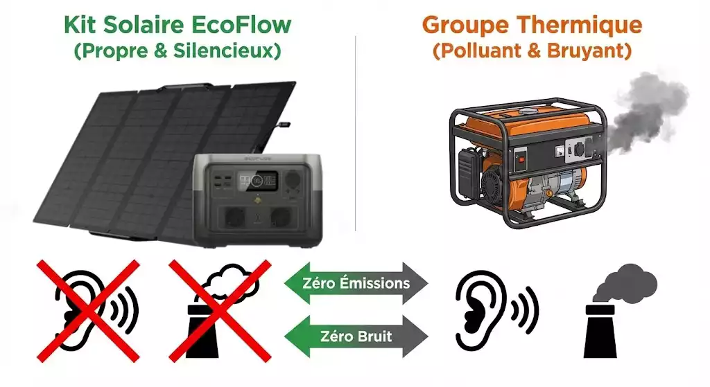 Comparatif visuel d'un kit solaire EcoFlow vs un groupe thermique