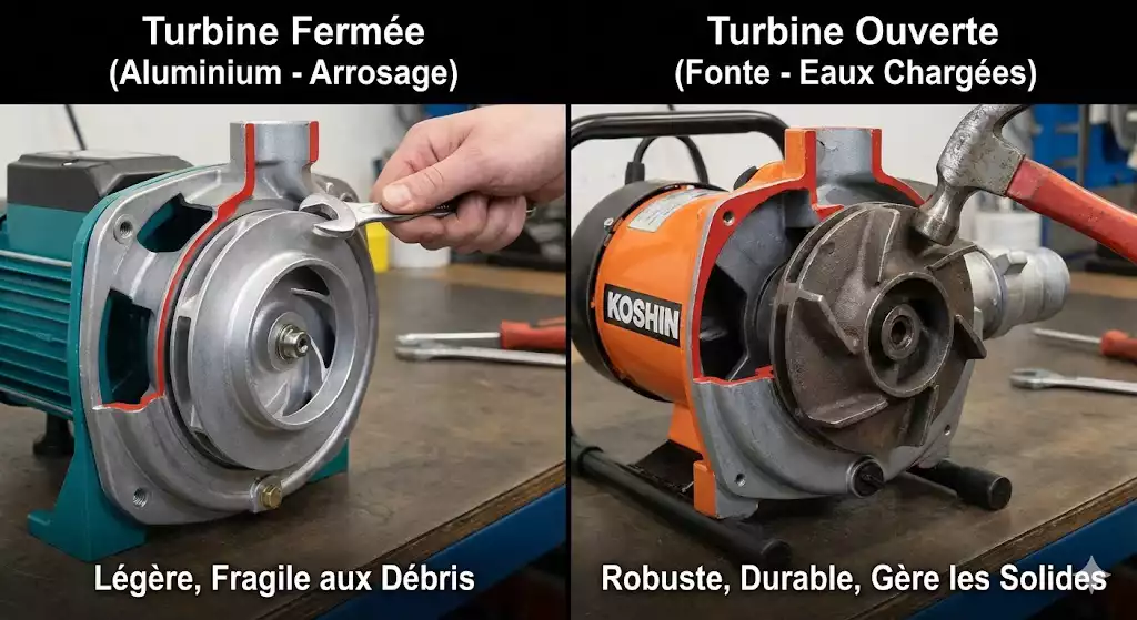 Comparaison visuelle côte à côte : turbine de pompe à eau fermée en aluminium pour arrosage et turbine de pompe à eaux chargées ouverte en fonte Koshin, montrant la différence de matériaux et de robustesse