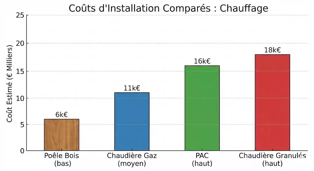 Graphique à barres montrant les coûts d'installation comparés : Poêle bois (bas), Chaudière Gaz (moyen), PAC et Chaudière Granulés (haut)