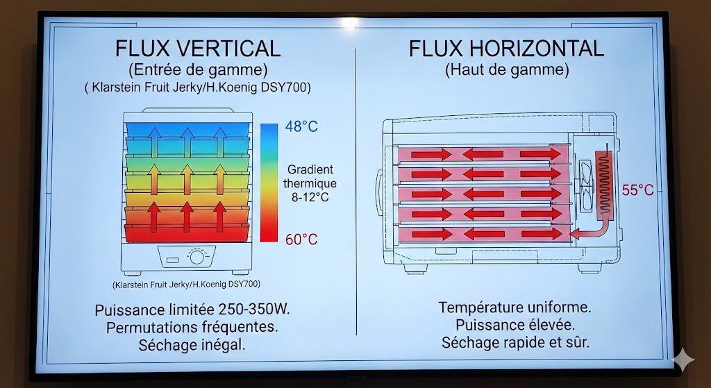 Schéma comparatif flux d'air vertical vs horizontal déshydrateur alimentaire