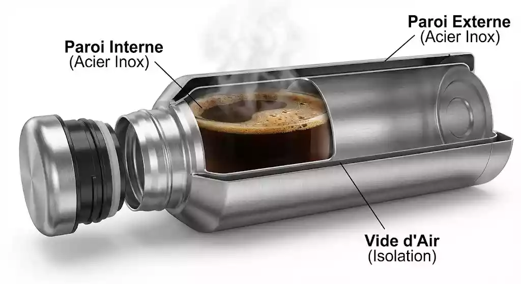 Schéma technique en coupe d'une bouteille isotherme en métal remplie de café chaud fumant. Des lignes et des étiquettes pointent vers les différentes parties : "Paroi Interne (Acier Inox)" en contact avec le liquide, "Paroi Externe (Acier Inox)" formant la coque, et l'espace entre les deux légendé "Vide d'Air (Isolation)". Le bouchon est également montré en coupe.