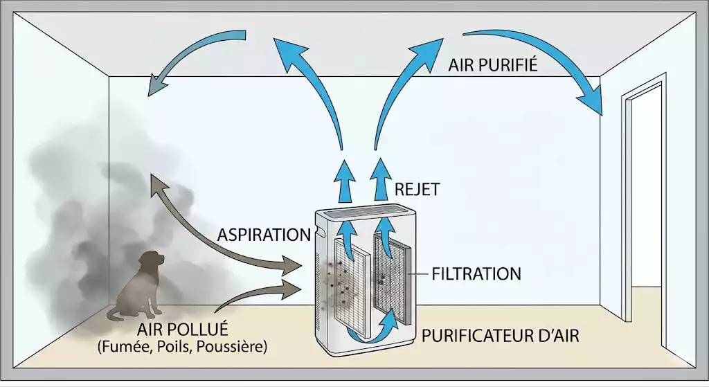 une pièce montrant le flux d'air : aspiration de l'air pollué (fumée, poils) vers le purificateur et rejet d'un air purifié