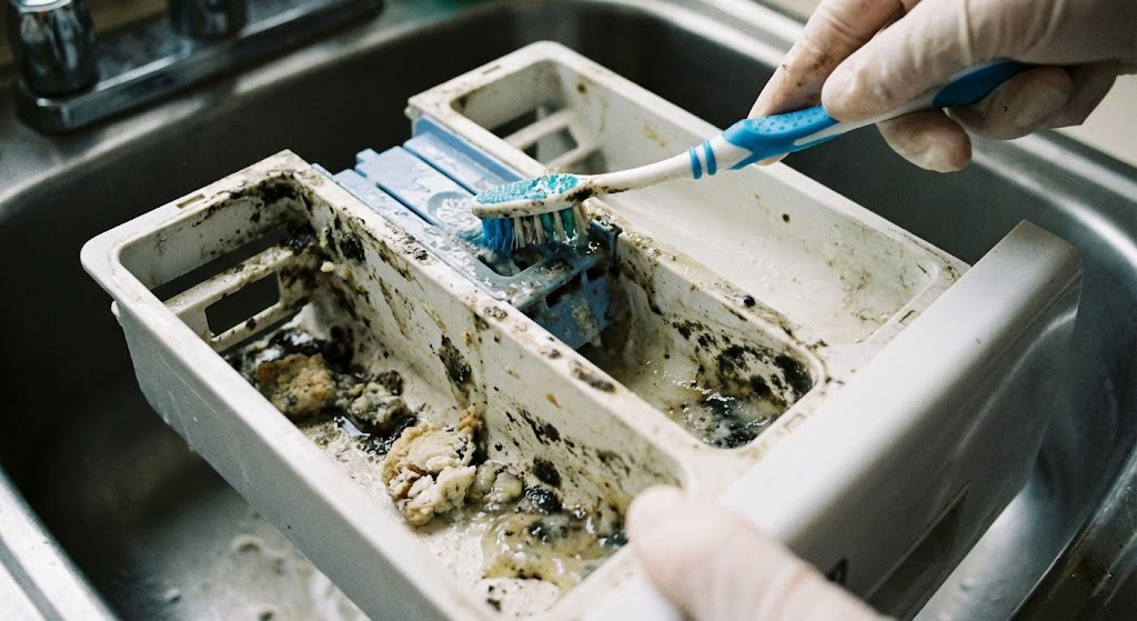 Brosse à dents nettoyant les recoins d'un bac à lessive de machine à laver