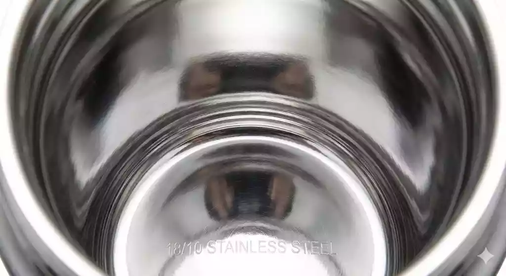 Photographie macro en plongée regardant l'intérieur incurvé et hautement réfléchissant d'un récipient en métal. Au centre du fond, les mots "18/10 STAINLESS STEEL" sont gravés dans le métal poli