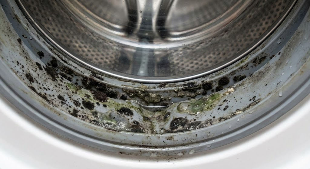 Joint de hublot noirci par la moisissure dans une machine à laver