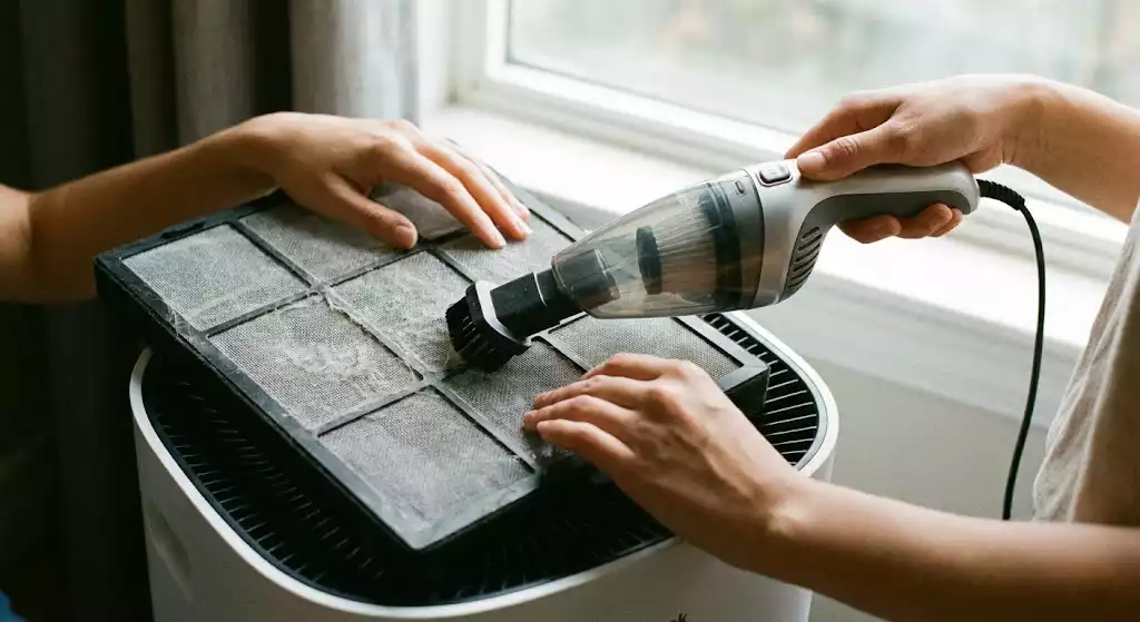 une personne passant délicatement l'aspirateur sur le pré-filtre d'un purificateur