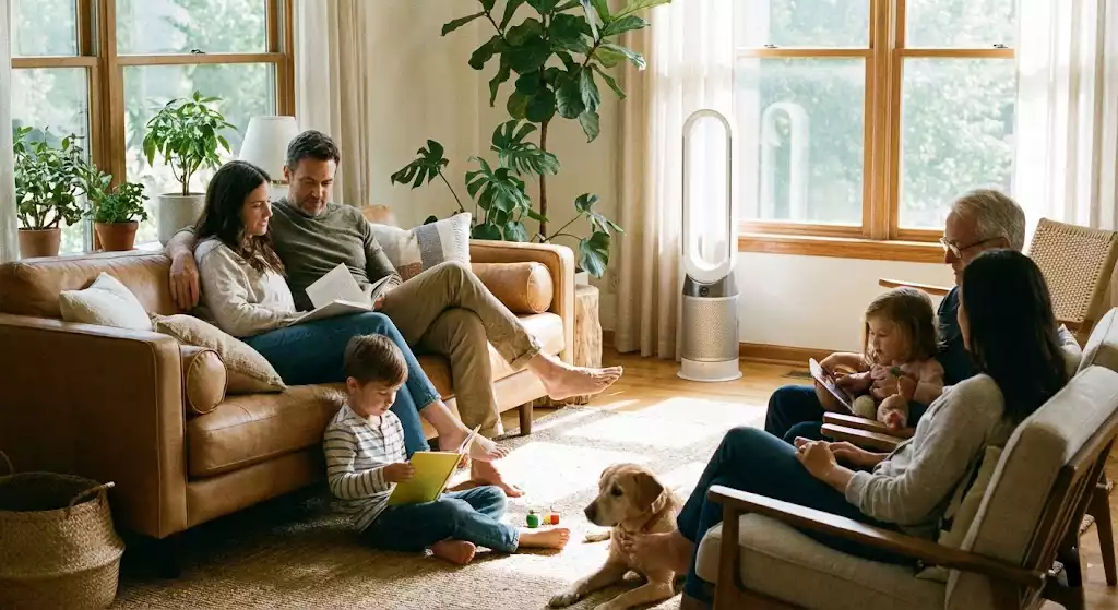 Une famille détendue dans un salon lumineux avec un purificateur d'air discret en arrière-plan, suggérant le confort et la sérénité