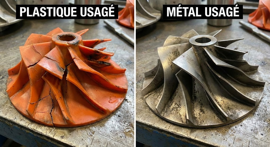 turbine en plastique fissurée vs une turbine métallique intacte