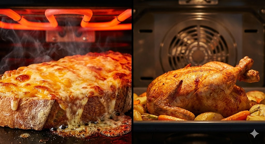 Comparaison visuelle split-screen : à gauche un toast doré sous un grill radiant rougeoyant, à droite un poulet rôti doré uniformément dans un four à chaleur tournante.