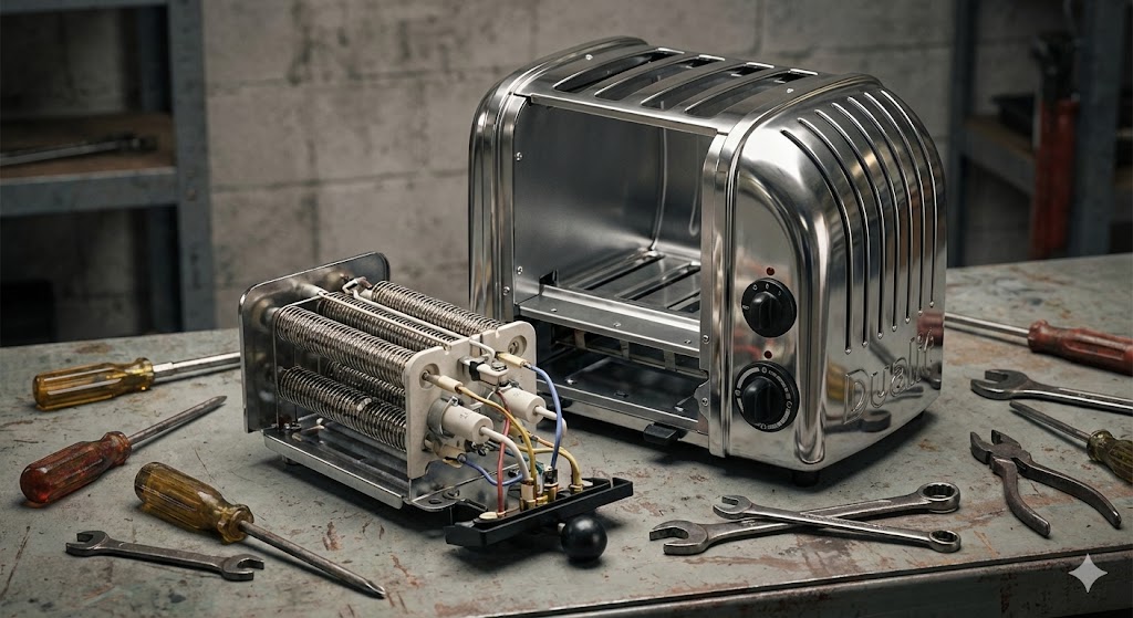 Grille-pain Dualit NewGen ouvert montrant la résistance remplaçable et les pièces détachées