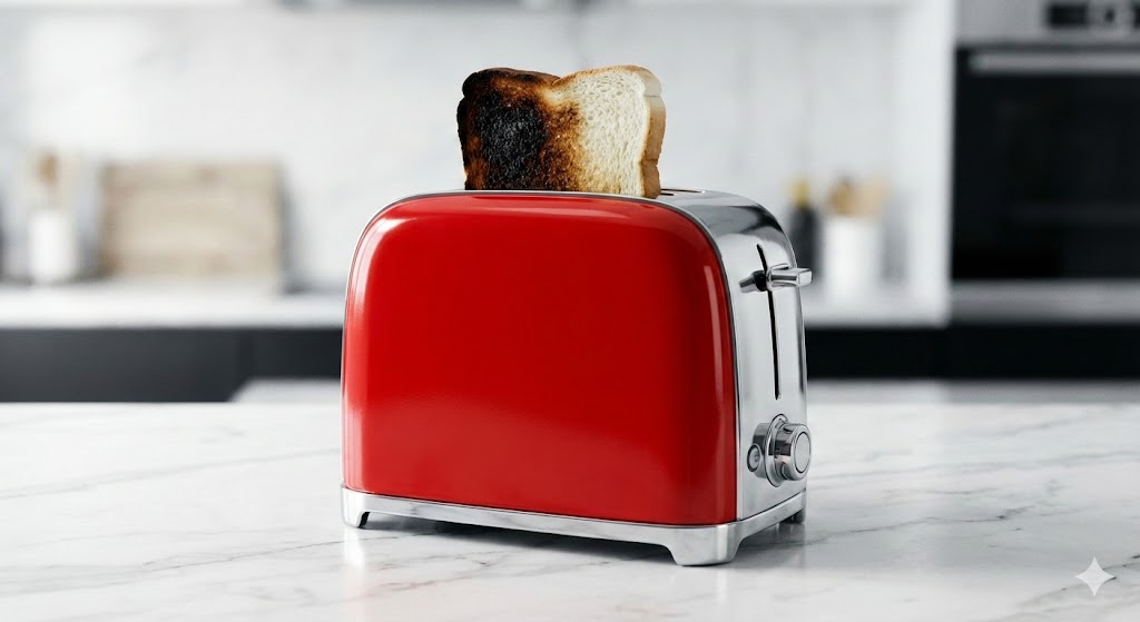 Grille-pain Smeg TSF01 rouge posé sur plan de travail avec toast brûlé visible