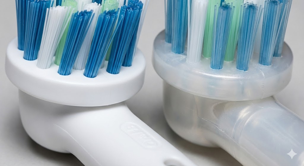 comparatif montrant une brossette Oral-B CrossAction originale et une compatible générique côte à côte, avec focus sur la différence de densité des poils et la qualité du plastique du col