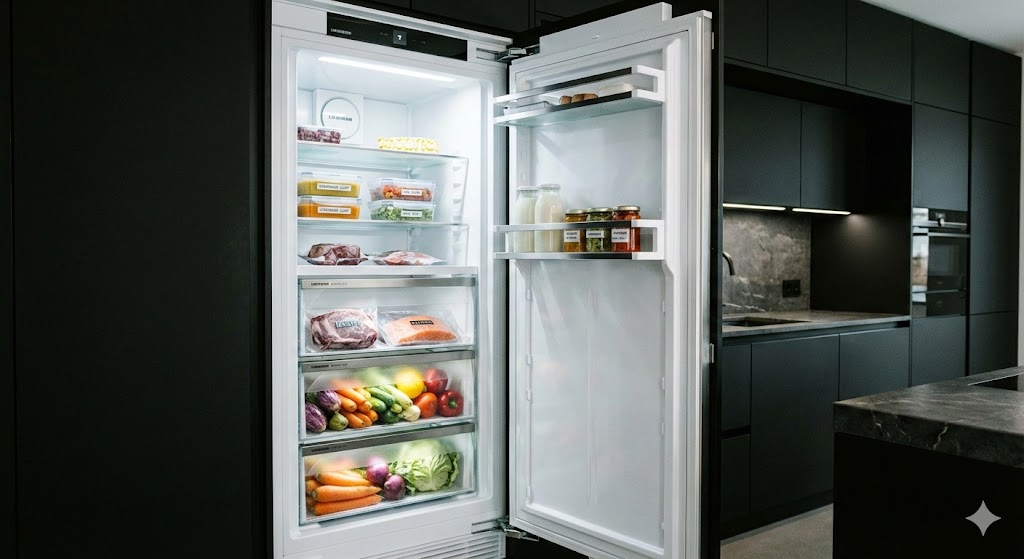Intérieur d'un congélateur armoire moderne avec tiroirs transparents parfaitement organisés remplis d'aliments sains