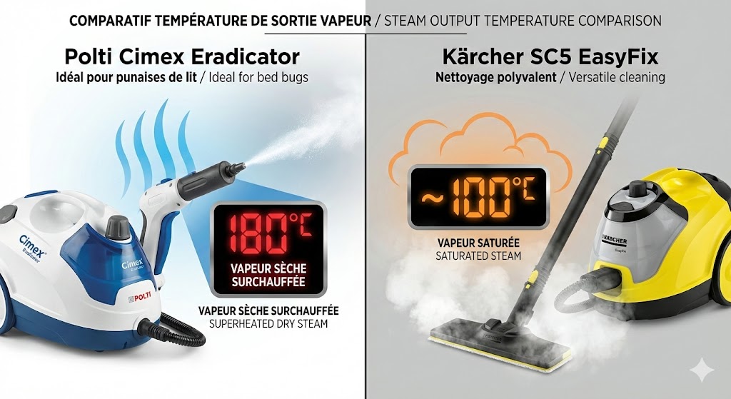 Infographie côte à côte comparant les températures de vapeur de deux nettoyeurs. À gauche, le Polti Cimex Eradicator